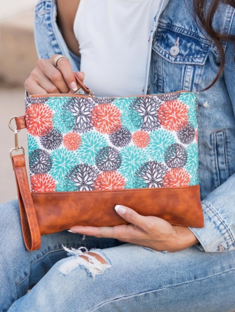 Boho Floral Clutch Wristlet | Teal Rust Starburst Print | Vegan Leather Pouch